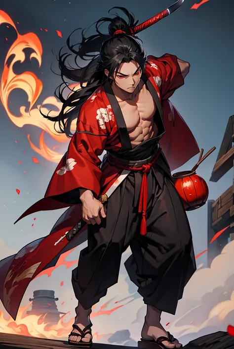 Samurai with light skin ,long black hair , scar on the eye and one on the chest , red eyes Gray yukata a red jakama a black obi and a black haori , Wooden Sandals Man Red Sword and a Gourd of Alcohol 