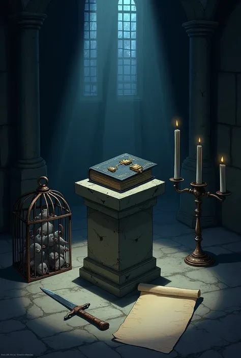 Magic black book with four magic padlocks locked on a stone pillar in a dark room where there is a cage with many rats, a candlestick with unlit candles, a dagger on the floor and a scroll with nothing written on it, anime style.