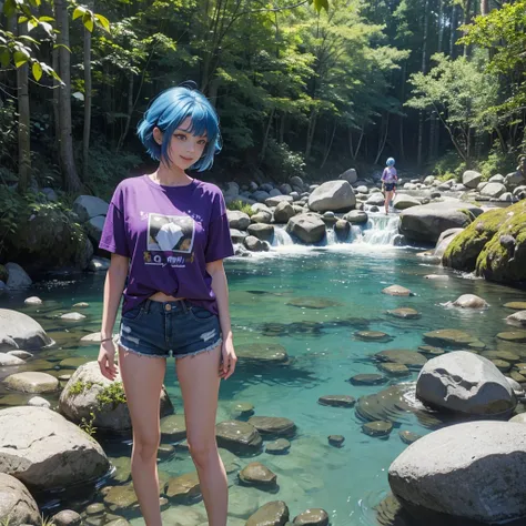 1 girl, Short hair, Look at the audience, smile, Blue Hair, Purple eyes, Side view, Wear a thin t-shirt., shorts, Standing in the stream, The background is a forest., There are rocks.,Open your mouth, See the legs