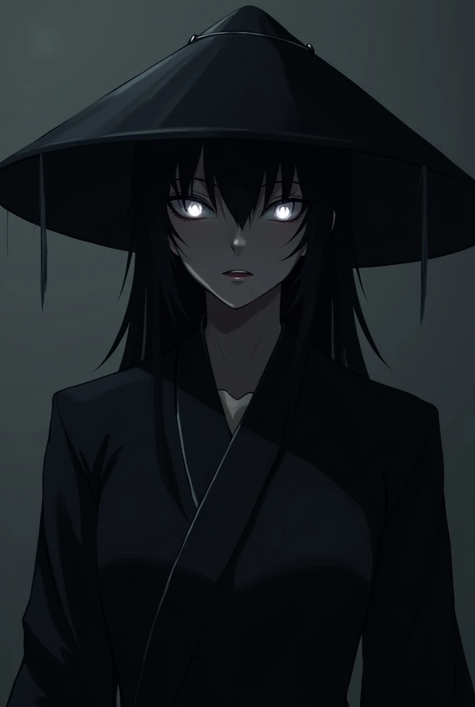 Anime Man with a kasa and and grey eyes with pure black outfit, and half of his face is visible with glowing Grey eyes faintly 