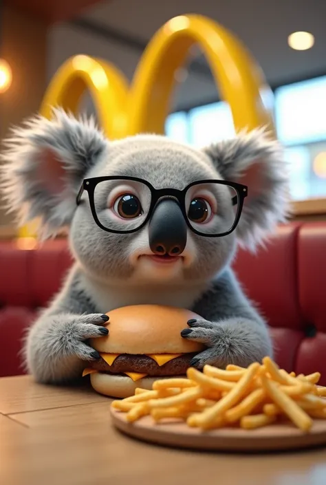 Koala with glasses eating Mc Fries and a hamburger