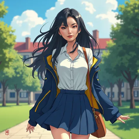 (best quality,4k,8k,highres,masterpiece:1.2),ultra-detailed, Japanese Goddess Amaterasu as a college student, Black hair, white button up top, Blue skirt with yellow accents, Dark blue jacket with yellow accents, walking around college campus, smiling at v...