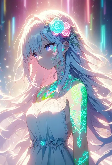 Anime Screenshots、 Artistic illustration of a female anime character adorned with glowing neon rose and ivy tattoos all over her body and face。 The tattoo on his arm is a mix of white, rainbow and white light.、 It emits a neon light。 The girl has long, flo...