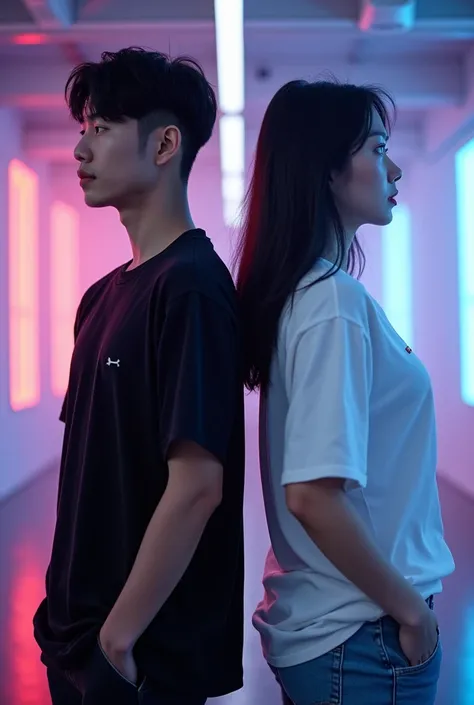 Korean pop music solo album,two korean idols,One man and one woman,Boys wear black short-sleeved T-shirt(front),Girls wearing white short-sleeved T-shirt(Back view,Look back),E-sports background,There are neon strips,Full body photo