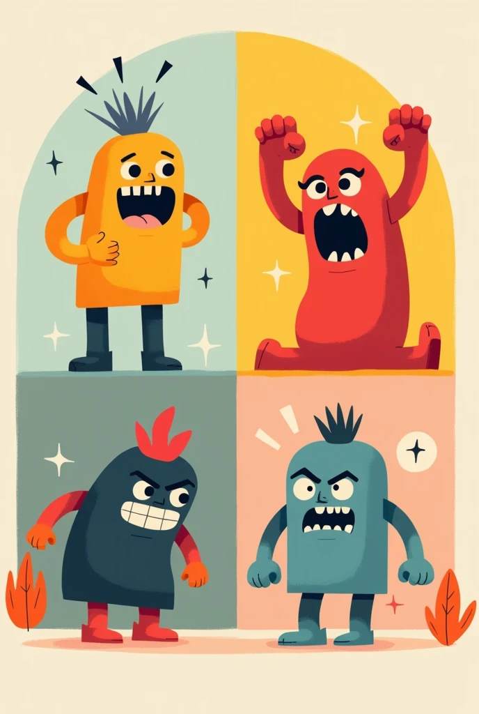 Create a pxar style cartoon image that represents the four main emotions