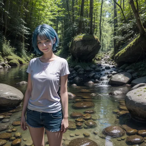 1 girl, Short hair, Look at the audience, smile, Blue Hair, Purple eyes, Side view, Wear a thin t-shirt., shorts, Standing in the stream, The background is a forest., There are rocks.