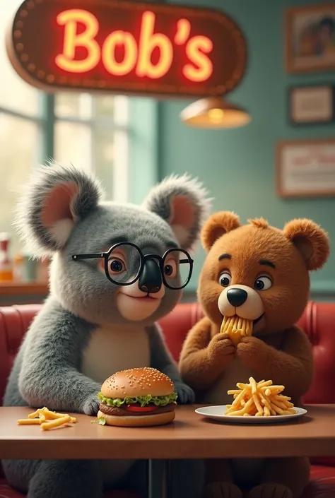 Koala wearing glasses next to a teddy bear eating fries and a burger at Bob&#39;s