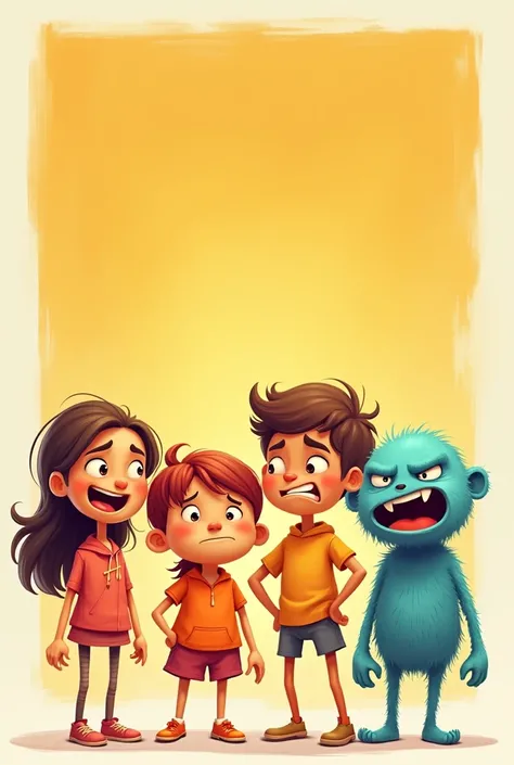 Create a pxar style cartoon image that represents the four main emotions that have well drawn figures