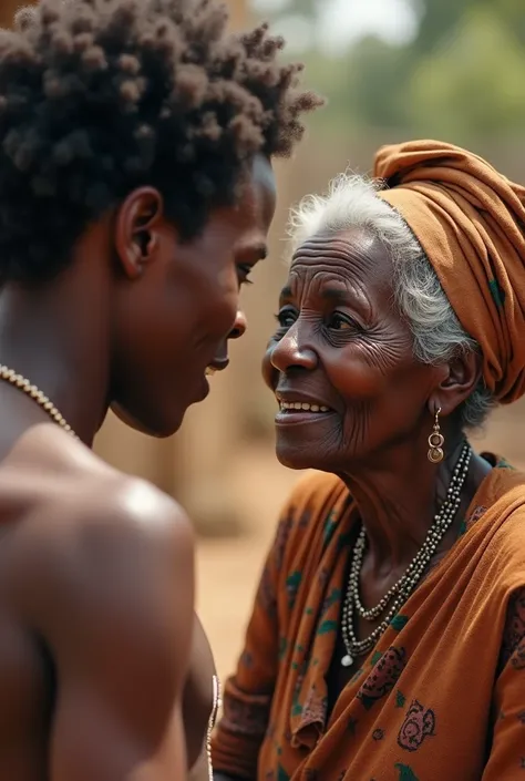 A young African man talks to his old African mother 