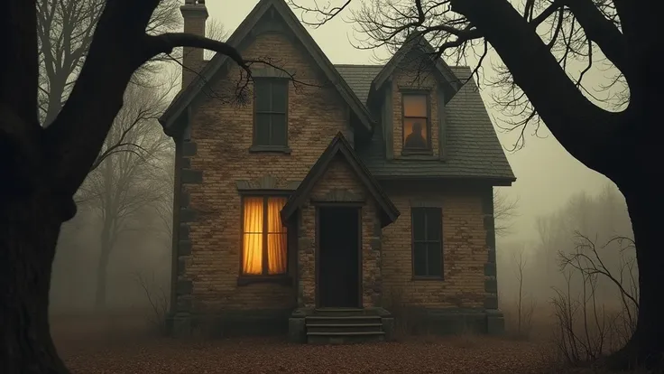 a weathered old brick house with tall narrow windows, a figures indistinct silhouette visible behind a yellowed curtain in one window, a supernatural glow illuminating the figure from within, swaying trees around the house, dry leaves covering the ground, ...