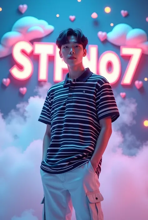 (A photo of a beautiful korean boy with  undercut  black  hair .he is sitting  of  the large name "Stfno7". he is dressed in a black and white polo stripes top and white cargo pants outfit. The man is standing behind of a large, vibrant 3D render of the na...