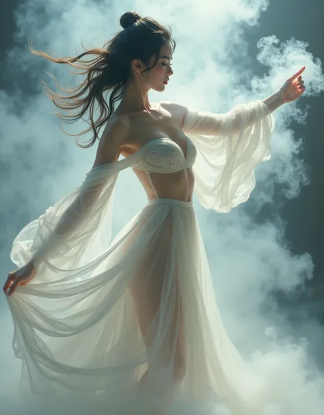 A painting of an Eastern woman made of smoke，dance， Clear skin texture，(Sweaty body stockings:1.2)，Beautiful posture，Ultra-high-resolution photos，Art Photography