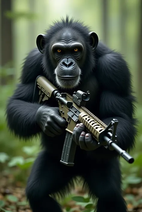 Generate an image of a chimpanzee holding a m4a1 rifle