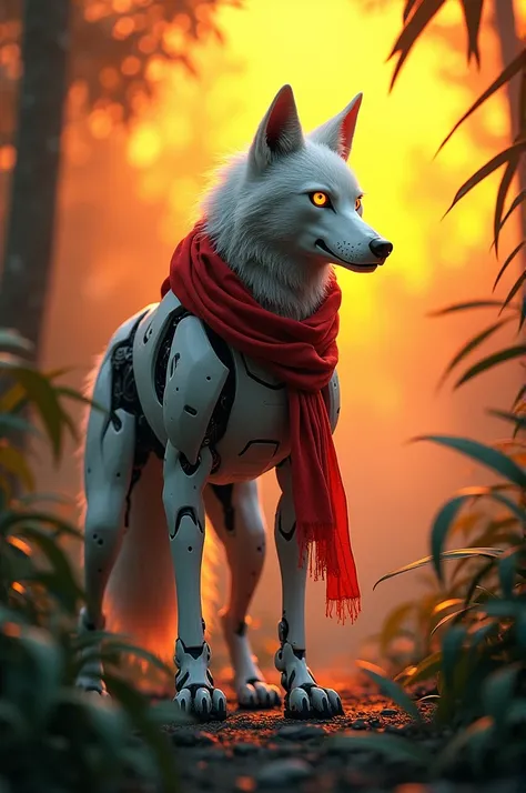 A wolf in jungle in sunset in yellowish reflection wolf is robotic in white colour and red scarf with scary eyes he is looking at back side in attitude 