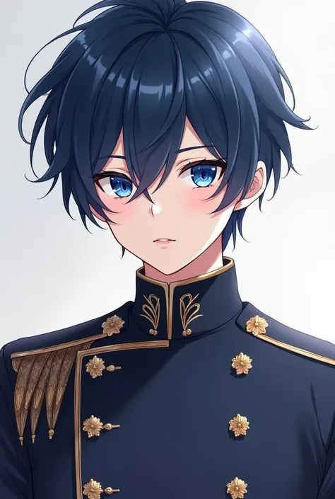 Short blueish black hair, medium dark blue eyes, prince&#39;s clothes, cold and closed look, smooth and clear skin, medium mouth pink lara gloss, prince&#39;s clothes, young male gender, anime