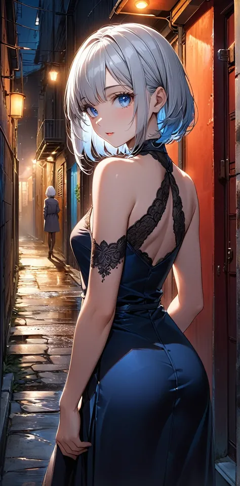 Ultra high resolution, rich colors, perfect image, top quality, detailed image, beautiful single woman, glowing skin, texture of skin and clothes, delicate eyes, night, back alley, playing with her own shadow, silver hair bob, blue eyes