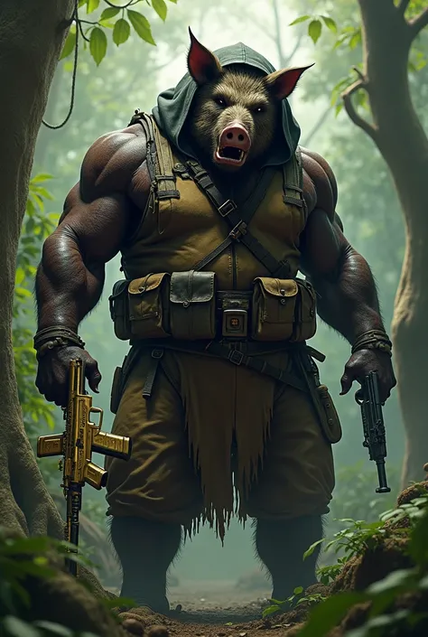 Muscular black skinned man with angry pig face, black man with a hooded vest with several pistols and a golden AK 47 rifle in his hands, forest background 