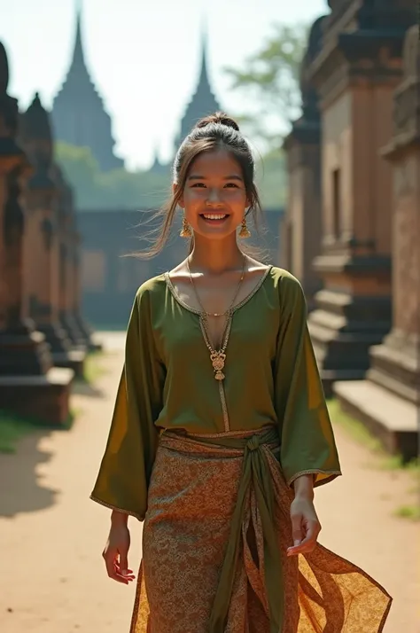 a beautiful girl with cute dimples, smiling, wearing
burmese dress, walking in Bagans street, 
ACMM LS OUTFIT, WEARING ACMM TOP OLIVE
GREEN ACMM TOP; LONG SLEEVES, WEARING
ACMM LONG SKIRT, OLIVE GREEN ACMM LONG
SKIRT, PRINTED SKIRT
OUTDOORS, SCENERY, TRADI...