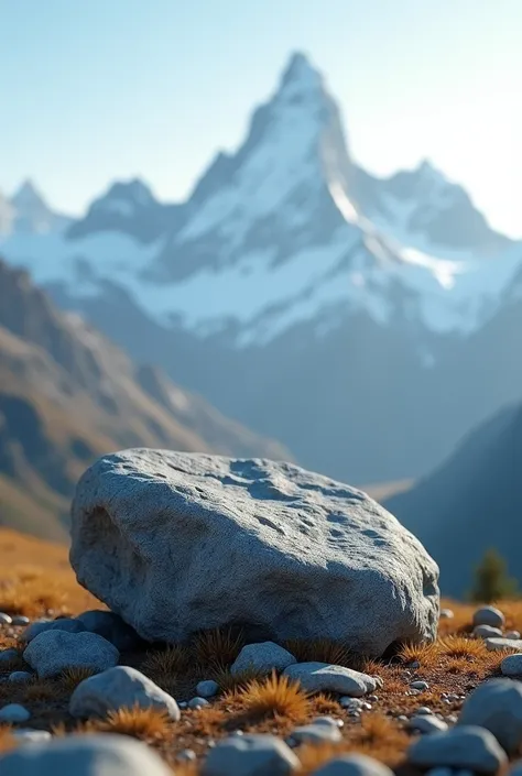 Background Contrast: Feature a breathtaking mountain scene behind it, slightly blurred to emphasize the stone.