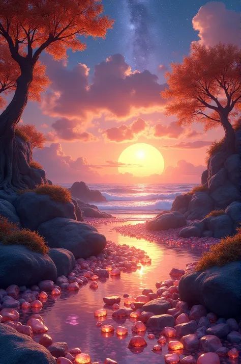 An island covered with sunstone and moonstones shards while the sky and the ocean is orange in the clouds are purple and orange color and the leaves are orange and the stars along creating constellations and a sunset and Sunstone Islands at the back