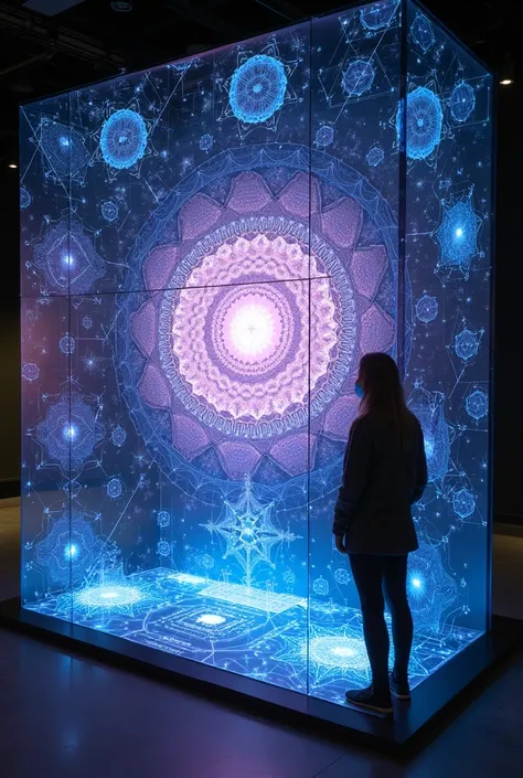 The "Aurora Bloom" design is presented as a multimedia installation, featuring:

A large, interactive digital display showcasing the fractal patterns and symmetry axes.
A series of hand-drawn, geometric illustrations printed on paper.
A hybrid piece that c...