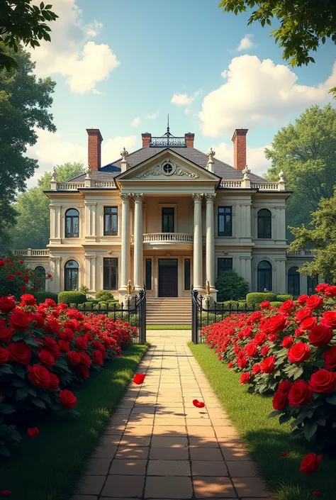 A long big elegant Georgian mansion surrounded by red rose bushes 