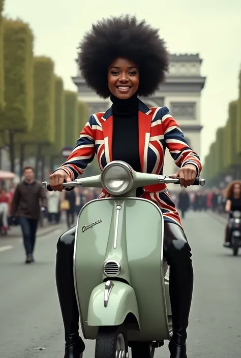 The time is Swinging London in 1967.、A full-body shot of a very beautiful glamorous black woman in 60’s fashion、She rides an old 60s Vespa scooter down the avenue of the Arc de Triomphe、A tight Union Jack tailored jacket, a black turtleneck knit, black ski...