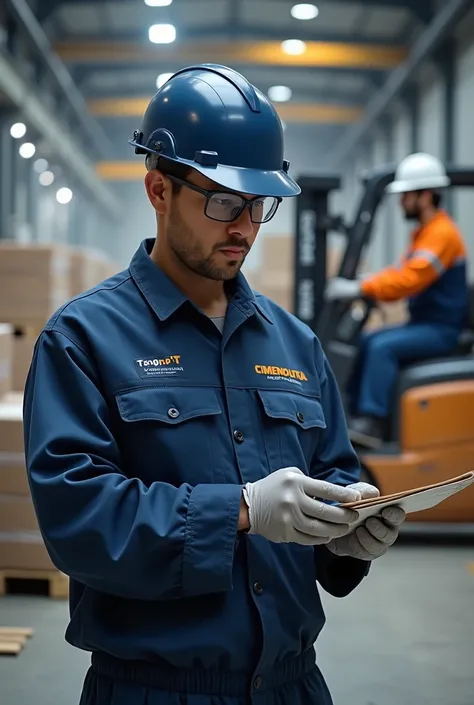 Employee wearing a navy blue uniform with the Cimendutra logo on the left side of the chest, wearing gloves, a helmet, and safety glasses, counting cement inventory, while a forklift operator passes in the background with a pallet of cement, super detail.,...