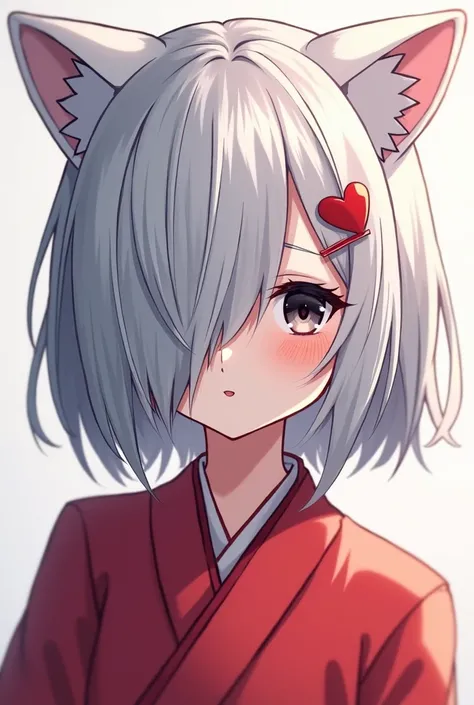 A cat-ear，Black Eye，The half of the face that is covered is the mouth and nose.，Red love heart hairpin in hair，Red Japanese clothing，Silver hair，Straight Hair，Bangs，Short hair，No Expression