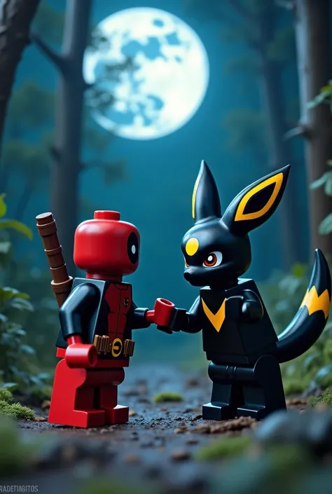 deadpool et umbreon (pokemon 
avec sont cercle jaune sur le front)
 en art lego, nuit. dans une foret avec la lune