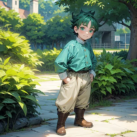 solo character, full body version, kid boy, very fat, green eyes, blue color hair, bob hair, casual clothing, white color clothi...