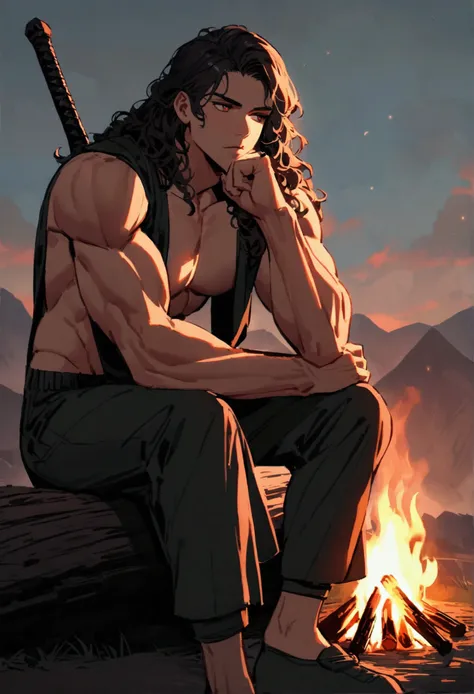 A young lean, tall and muscular man sitting on a log near a campfire. He has brown wavy hair and sharp, vibrant red eyes, he has a black sword next to him leaning against his shoulder. Hes resting his chin on his fist and looking away.