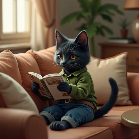 A realistic image of a Lykoi black cat sitting in a lounge on a sofa. The cat is dressed in a green shirt and blue pants, holding a magazine in his paw as if reading. The lounge setting includes a cozy sofa with cushions, a coffee table, and a warm, inviti...