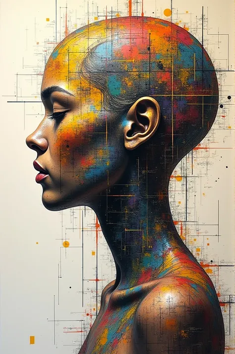 Pictorial work that represents a human made with mathematical symbols and painted with graffiti
