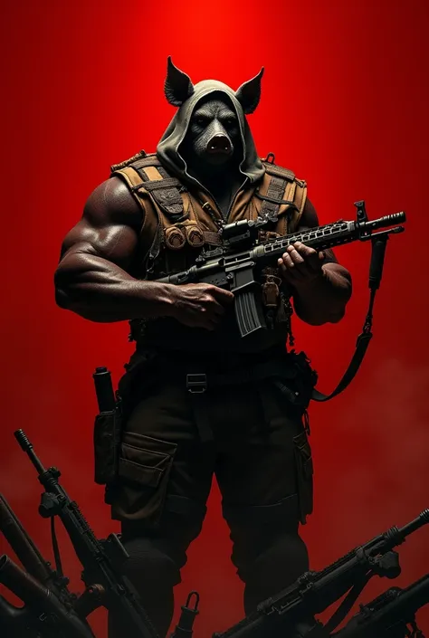 Muscular black skin man with angry black pig face with a hooded vest with several garadas and with a 762 rifle with a scope in his hands red background with several rifles 