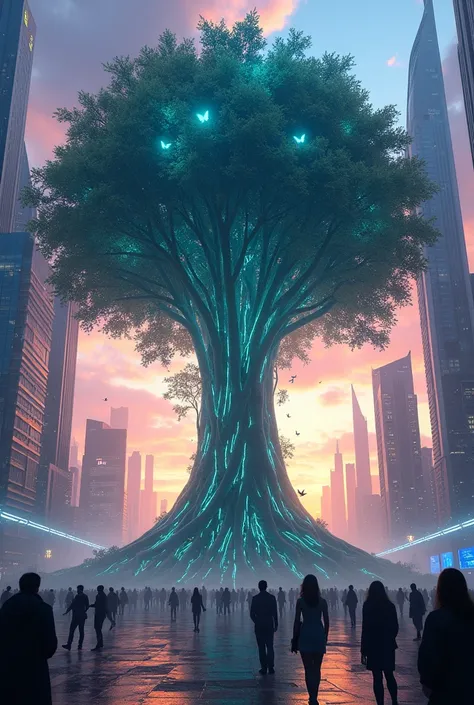 "Create a surreal and captivating image of a giant tree growing in the middle of a futuristic city. The tree is glowing with neon blue and green light, with its roots spreading through glass and metal buildings, symbolizing the power of nature reclaiming u...