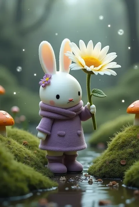 Mini miffy, Planting hills in the water，The hills are covered with grass and small mushrooms，There are water drops on it，mini miffy holding a large daisy above head, mini miffy wearing purple winter dress, boots, Scarf, There are flowers on the head，The ba...