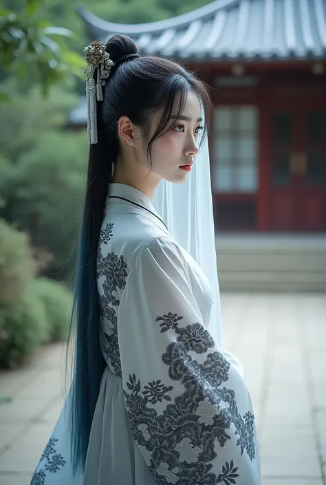 A beautiful woman standing near a traditional Japanese mansion. She wears a long clothing that looks like the mix between the traditional Japanese Kimono and the Chinese Hanfu with black and white cloud patterns on it. She has a white veil covering her hea...