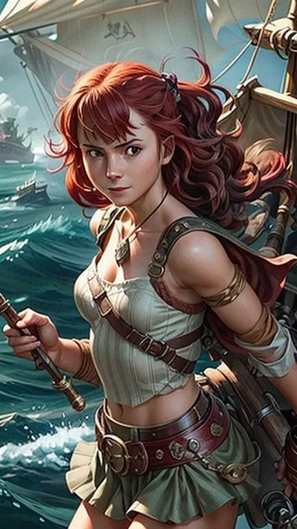 (top quality, HD animation) Pirate captain - girl 2 in old pirate clothes ,predatory smile , in anticipation of profit, attractive breasts,(( saber in hand:1,8)), with wavy red hair, prepares for battle aboard his frigate, Tropical seas, era of piracy, pir...