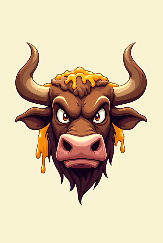 A logo that is the head of an animated bull with a hamburger embedded in each horn dripping with cheddar 