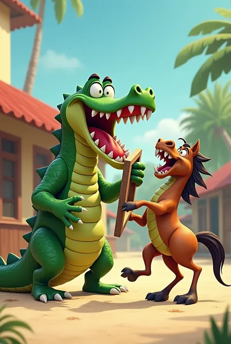 An exaggerated 2D animated scene, full of energy and humor. A large, comical alligator stands upright, swinging a wooden chair down forcefully onto a surprised horse. The alligators expression is intense, with sharp teeth showing and a fierce, determined l...