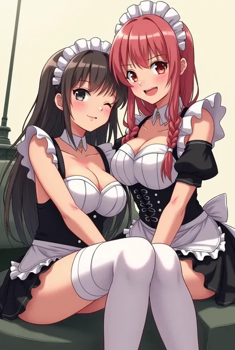 a cartoon picture of a transexual woman in lingerie and stockings is being fucked by a another transexual woman, anime maids riding early tanks, gentle femdom, anime barbie in white stockings, deviant art, gorgeous maid, ecchi, high quality fanart, ecchi a...