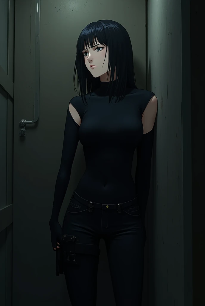 Anime-style. Full-length picture of girl. A mysterious girl of Korean appearance with a trim, slender figure. She has pale skin, straight long dark hair with a quiff that are unevenly parted and side-swept, black, empty eyes without a single glare, narrow ...