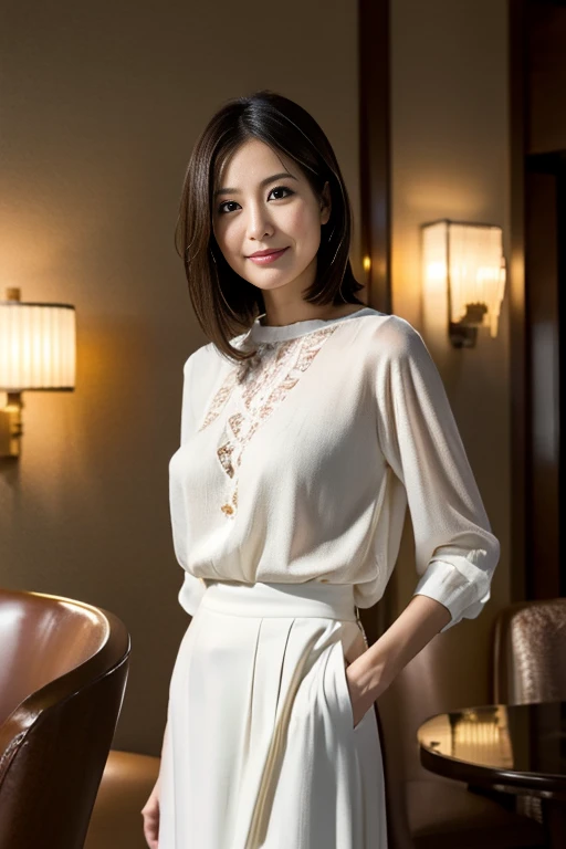 8K wallpaper, High resolution, nsfw, Best Quality, Realistic, Surreal, Super Fine, Highly detailed CG, So delicate and beautiful, Modern city hotel lobby, (Dim lighting), Japanese Wife, 4, ((whole body)), ((Standing facing this way)), (White blouse), (Long...