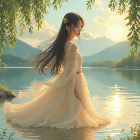 A girl：A girl is the focus of the picture。Full body photo。
Tranquil expression：The girl&#39;s expression is calm and peaceful。
Charming eyes：She has charming eyes。
Straight long hair：The girl has straight long hair。
Flowing long skirt：穿着一件轻盈Flowing long sk...