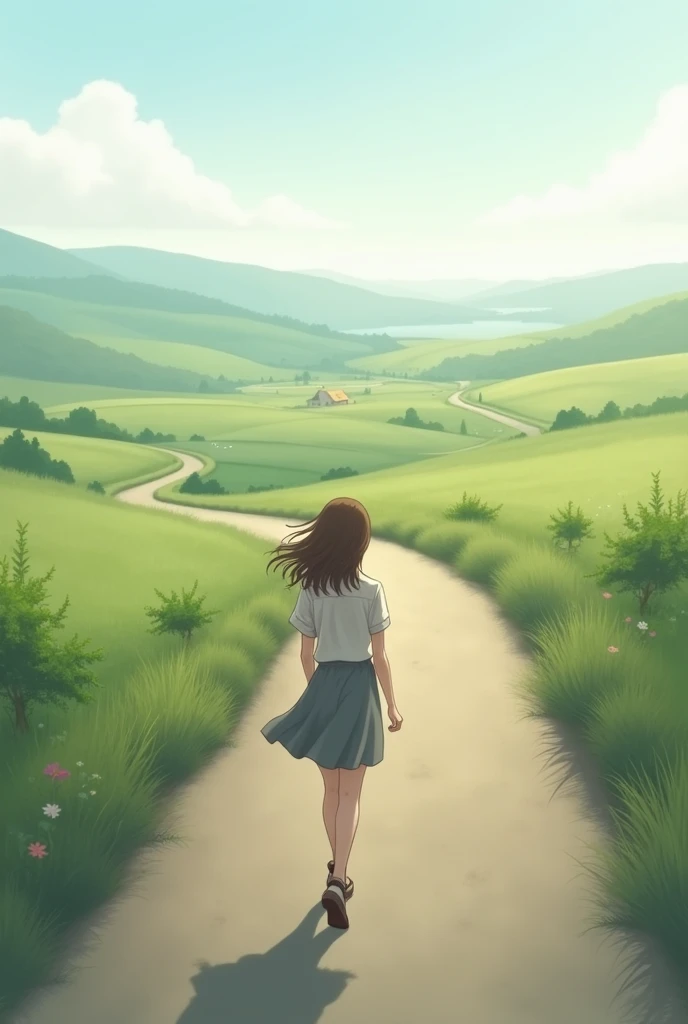 The girl walked on the quiet country road, the horizon ahead was vast. The gentle wind blew, making her hair flutter.