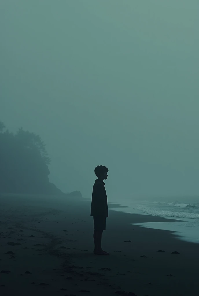 A boy standing long distence with  beach side with moody climete with dark fog 