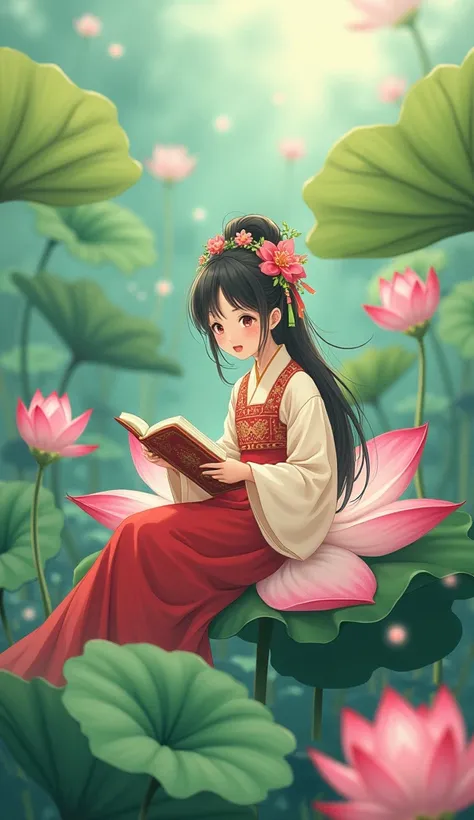 An Asian traditional lotus garden,Cute ancient style girl，She is dressed in cute clothes from head to toe. She has big, bright eyes.，Sweet smile。Colorful clothing，and flowing skirt。Hair accessories with flowers and ribbons，Add classic elegance。Reading a ha...