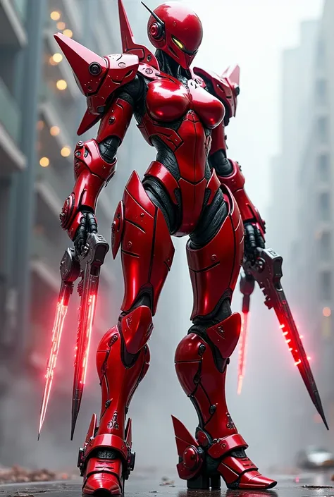 female robot, big breasts with high tech armor, red chrome color with multicolor LED details,mounted on a giant futuristic robot that floats, all specialized with laser weapons. And double sword. Intense shine