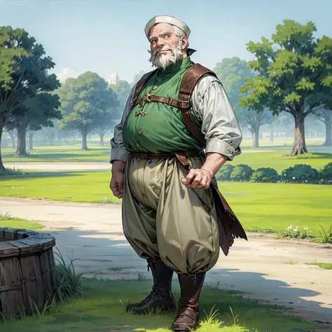 solo character, full body version, old man, white beard, very fat, green eyes, blue color hair, bob hair, casual clothing, white...